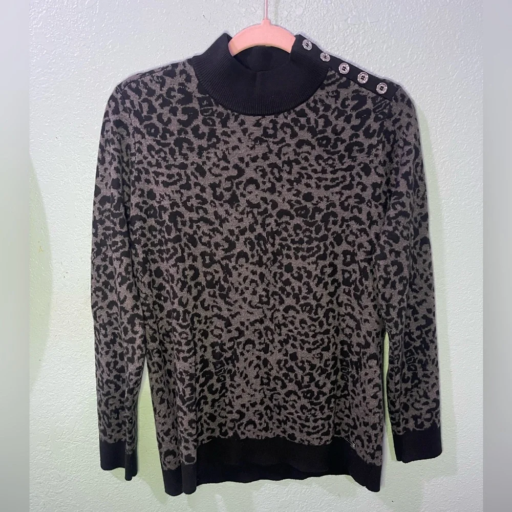 Calvin Klein Black and Gray Leopard Turtleneck Sweater